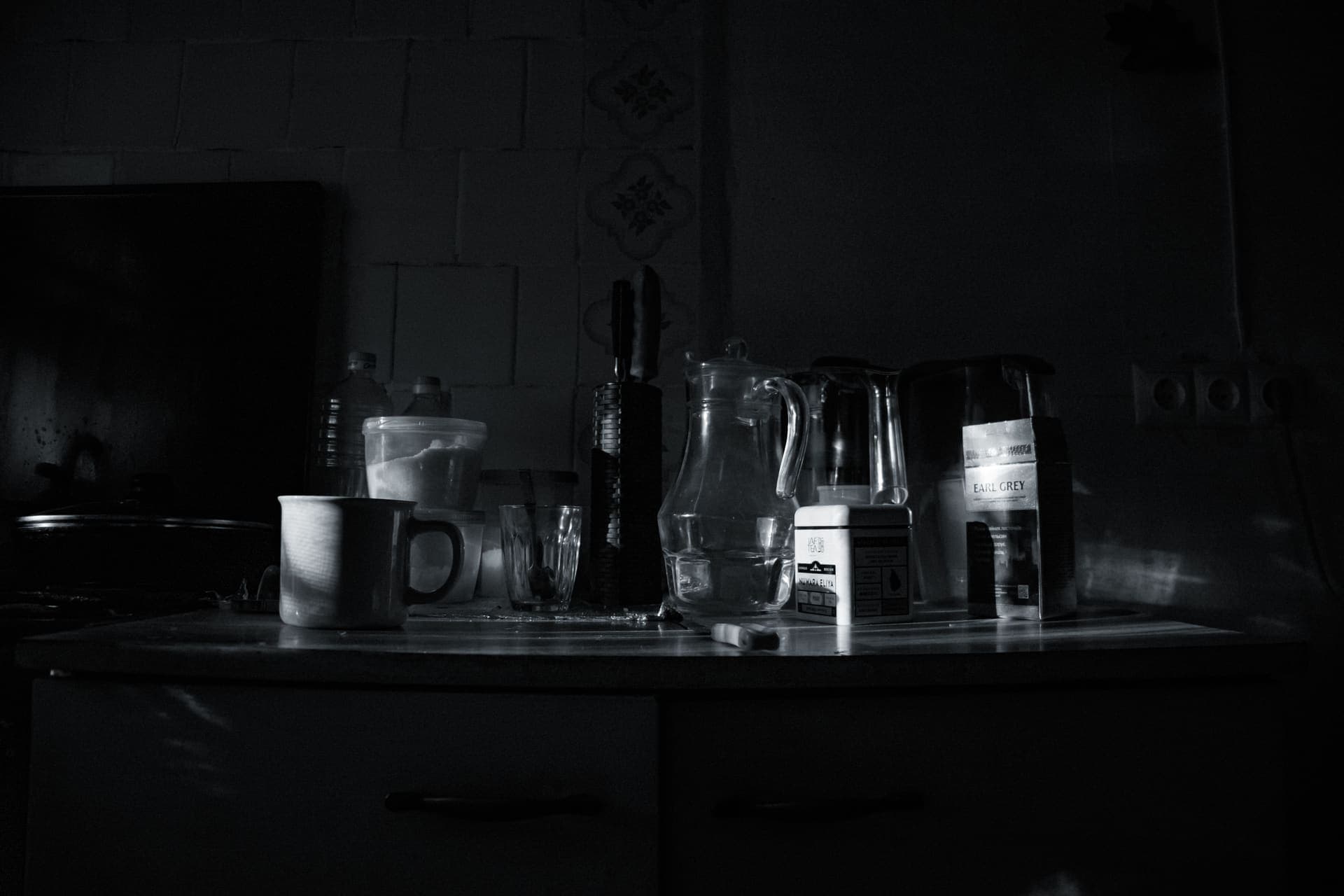 A pitcher of filtered water on a kitchen counter