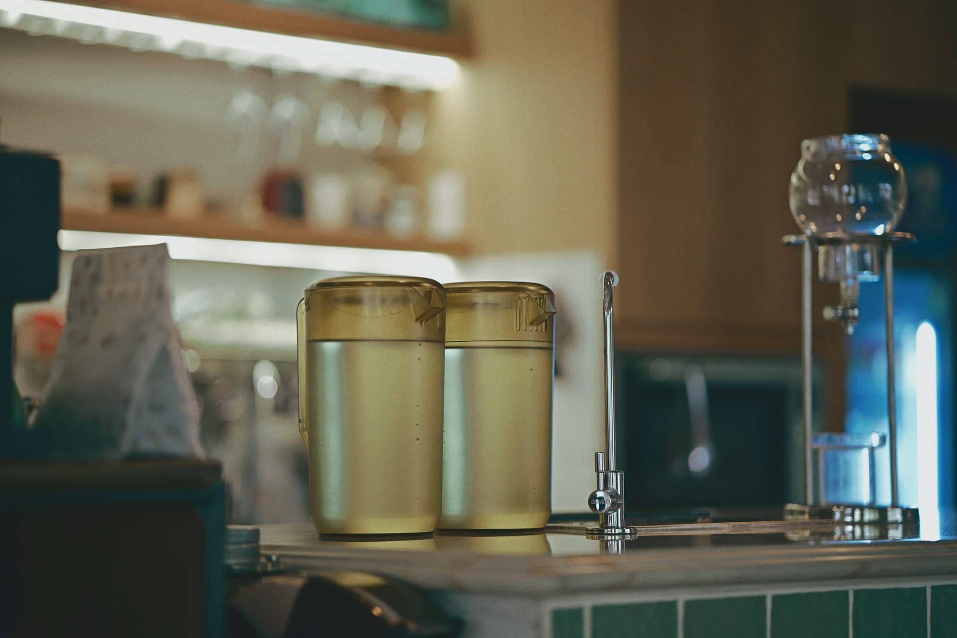 A water filter pitcher standing on a counter